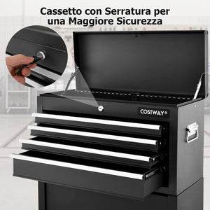 Cassettiera Portautensili a 6 Cassetti, Carrello per Attrezzi con Ruote Bloccabili, con Ripiano rimovibile e Serratura, 61,5 x 33 x 132 cm (Nero)