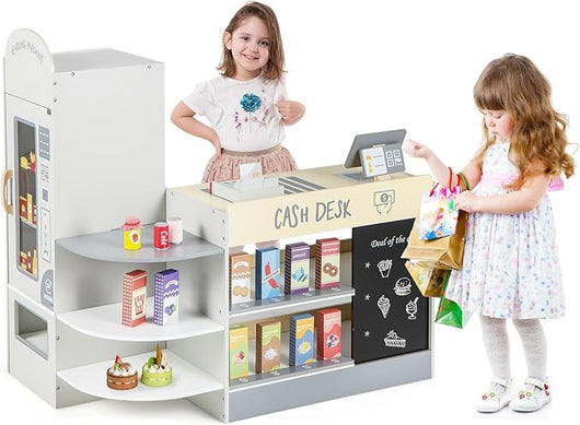 Negozio Alimentare per Bambini, Set di Giocattoli Supermercato in Legno con Cassa, Macchina POS, Distributore Automatico, Lavagna Scrivibile, per Bambini 3 - 8 Anni (Grigio)