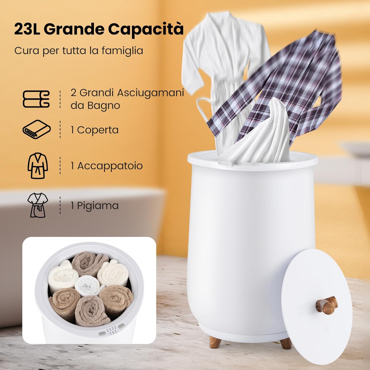 23L Secchio Riscaldatore di Asciugamani, Secchiello con Portadischi Profumato, 3 Livelli di Riscaldamento, Timer e Spegnimento Automatico