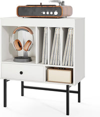 Armadio Camera da Letto 70 x 36 x 80 cm, Credenza Salvaspazia in Legno con Scomparti Aperti, Supporti per Album e Cassetto, Mobile Moderno per Sala Musica e Soggiorno (Bianco)