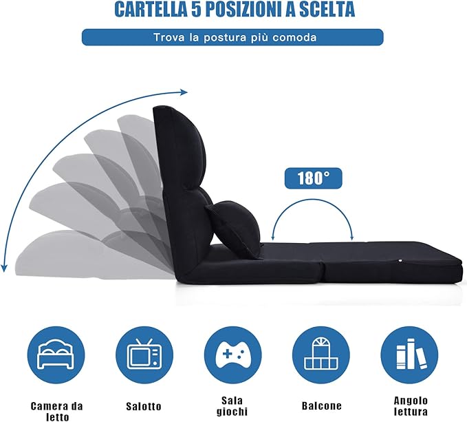 Sedia Pieghevole da Pavimento Portatile, 5 Angoli Regolabile, Cuscino da Seduta con Cuscino per la Schiena, Ideale per Soggiorno Camera da Letto (Nero)