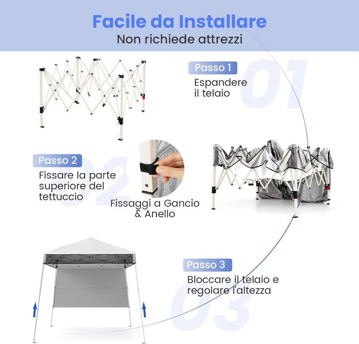 Gazebo Pop-up da Esterno 182 x 182 cm, Gazebo Pieghevole con 1 Parete Laterale, Gambe Inclinabili Regolabili e 4 Picchetti, Tendone Impermeabile per Feste, Campeggio e Picnic (Bianco)