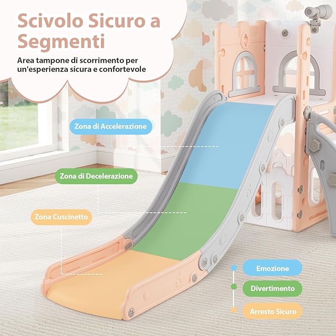 6 in 1 Scivolo per Bambini, Set da Gioco a Forma di L con Canestro da Basket e Telescopio, Spazio di Archiviazione, Scivolo da Interno ed Esterno per 1-3 Anni (Rosa)