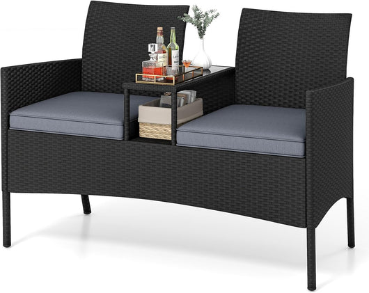 Panchina da Giardino in Rattan PE 62 x 124 x 84 cm, Divano da Esterno con Tavolino in Vetro Temperato e Cuscini Imbottiti, Poltrona con 2 Posti per Balcone, Piscina e Cortile (Grigio)