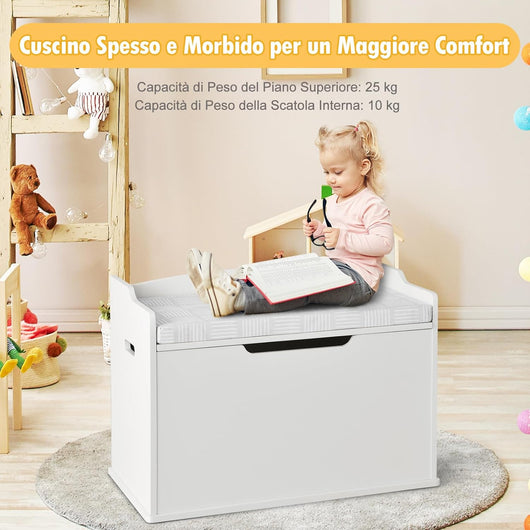 Cassapanca Portagiochi con Cuscino, Contenitore Porta Giochi in Legno, Cassa Panca per Bambini con Schienale e Cerniera di Sicurezza, per Cameretta, 74 x 39 x 52 cm, Bianca