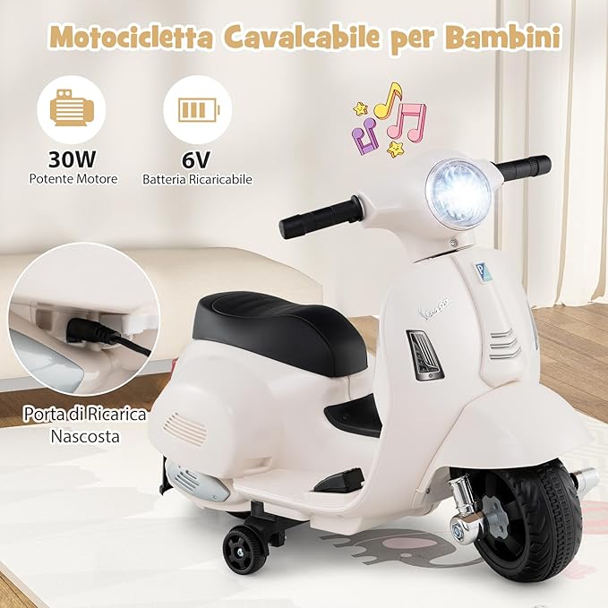 Moto Elettrica per Bambini, 6V Mini Moto per Bambini 18-36 Mesi, con Licenza Ufficiale Vespa, con Luci a LED e Suoni di Clacson, Portata 25 kg, 2 Ruote di Allenamento, 2,5 km/h (Bianco)