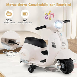 Moto Elettrica per Bambini, 6V Mini Moto per Bambini 18-36 Mesi, con Licenza Ufficiale Vespa, con Luci a LED e Suoni di Clacson, Portata 25 kg, 2 Ruote di Allenamento, 2,5 km/h (Bianco)