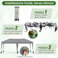 Gazebo Pop-up da Esterno 590 x 300 cm, Gazebo Regolabile in Altezza con Borsa con Ruote, Picchetti, Ancoraggi, Corde Antivento e Sacchi di Sabbia, Tenda Pieghevole per Campeggio (Grigio)