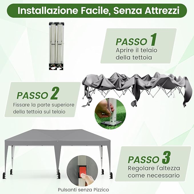 Gazebo Pop-up da Esterno 590 x 300 cm, Gazebo Regolabile in Altezza con Borsa con Ruote, Picchetti, Ancoraggi, Corde Antivento e Sacchi di Sabbia, Tenda Pieghevole per Campeggio (Grigio)