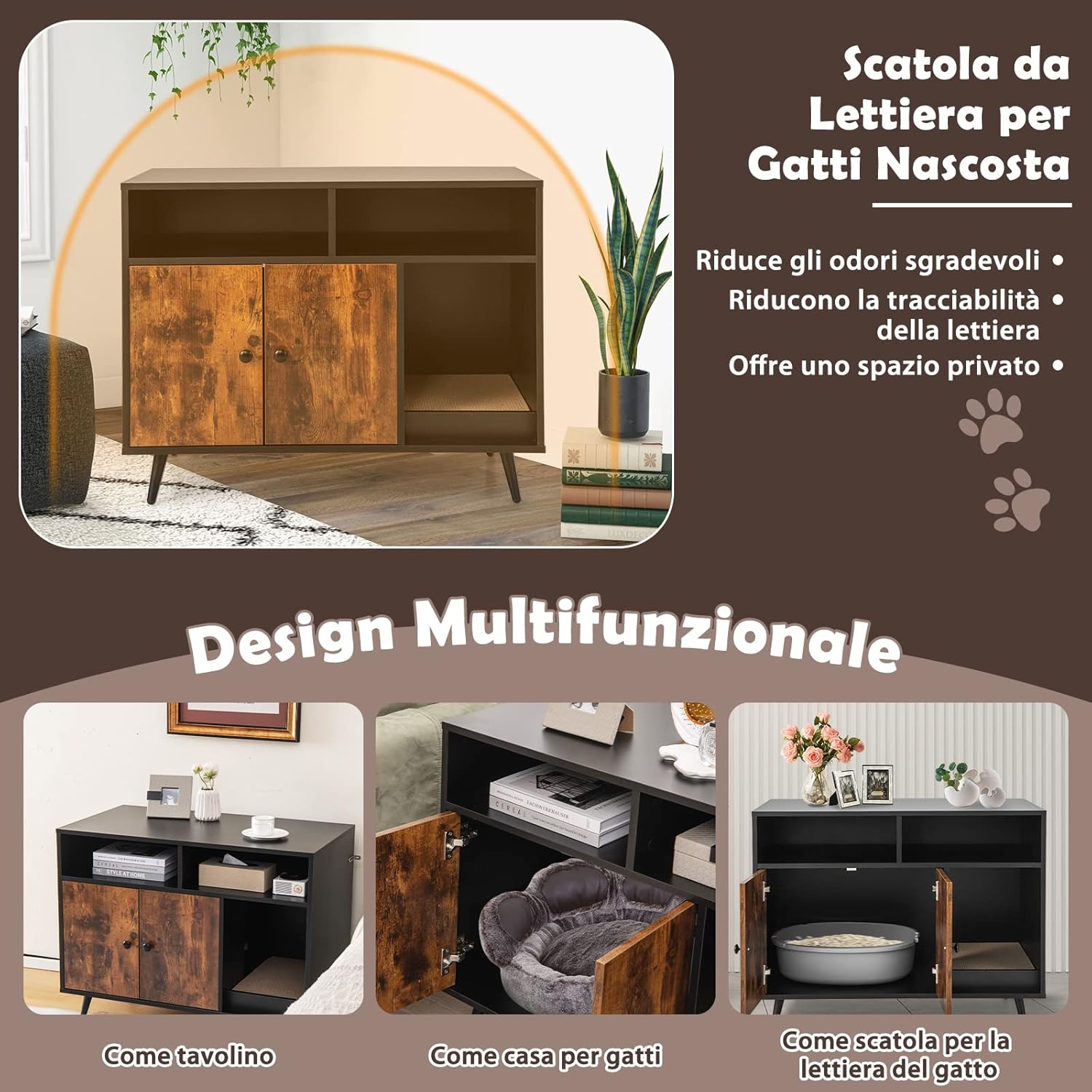 Mobile per Lettiera Gatti con Tira graffi, Gambe Inclinate in Metallo e 2 Ripiani per Riporre gli Oggetti, Casetta in Legno da Interno per Gattini e Gatti Grandi, 90 x 50 x 69 cm