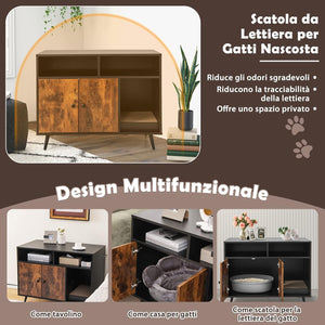 Mobile per Lettiera Gatti con Tira graffi, Gambe Inclinate in Metallo e 2 Ripiani per Riporre gli Oggetti, Casetta in Legno da Interno per Gattini e Gatti Grandi, 90 x 50 x 69 cm