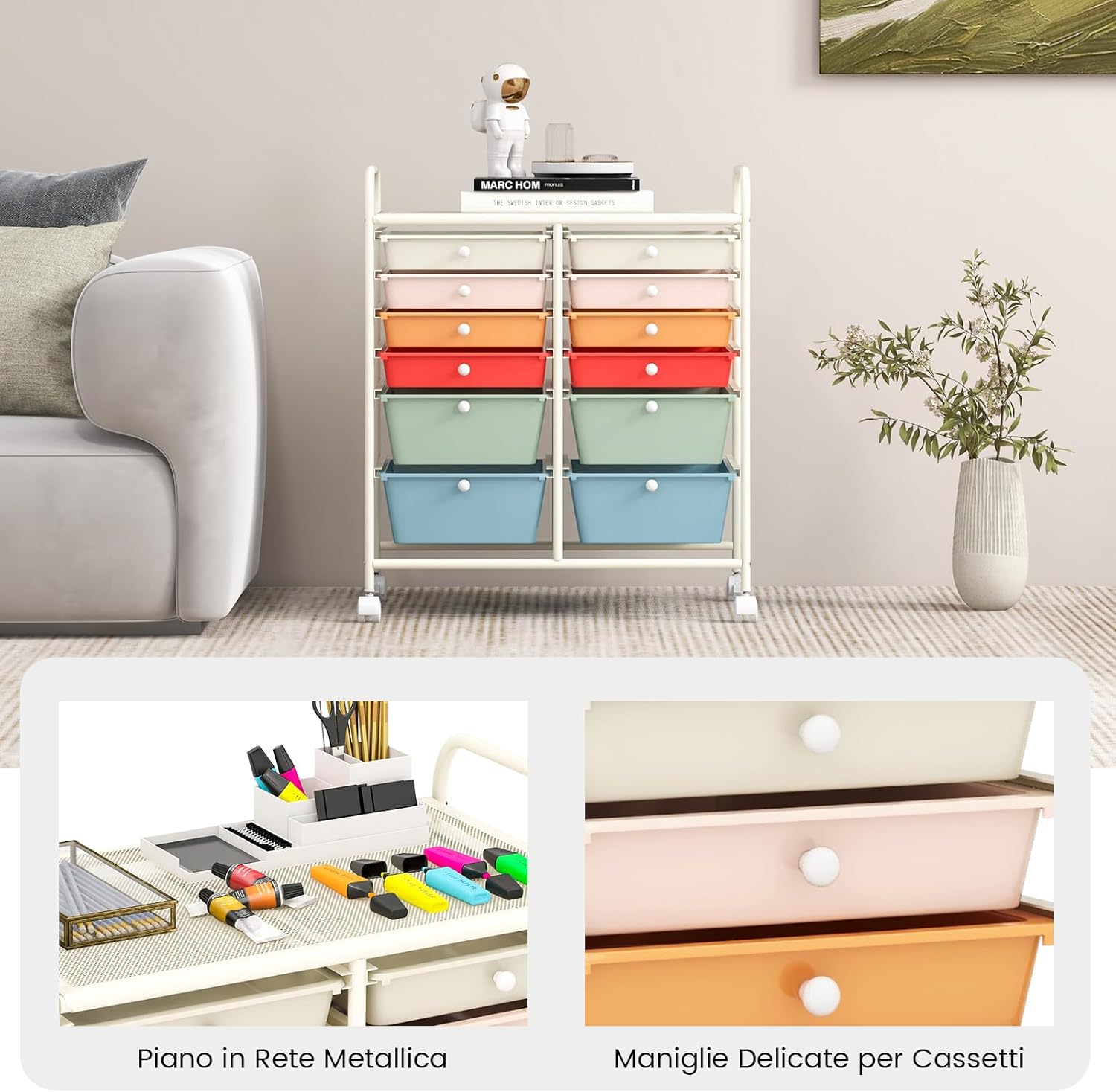 Carrello con 12 Cassetti con Ruote, Carrello di Stoccaggio Multiuso con Ampio Spazio di Archiviazione, Ideale per Casa Ufficio Domestico, 73,5 x 37 x 63 cm (Multicolore)