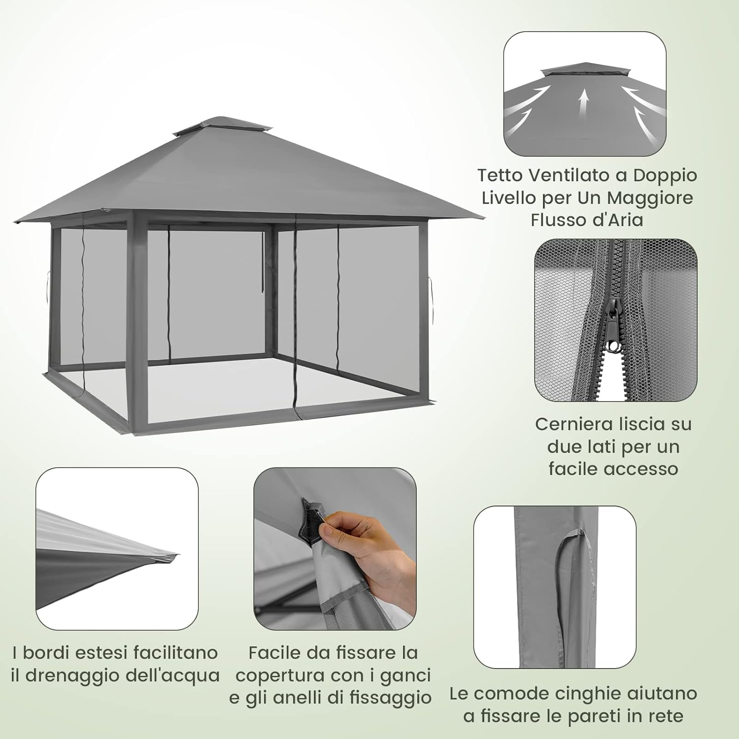 Gazebo Pieghevole da Giardino 4 x 4 m, Altezza Regolabile, Gazebo Pop-up con Zanzariera, Borsa di Trasporto, Doppio Tetto Ventilato e per Giardino Patio e Cortile (Grigio)