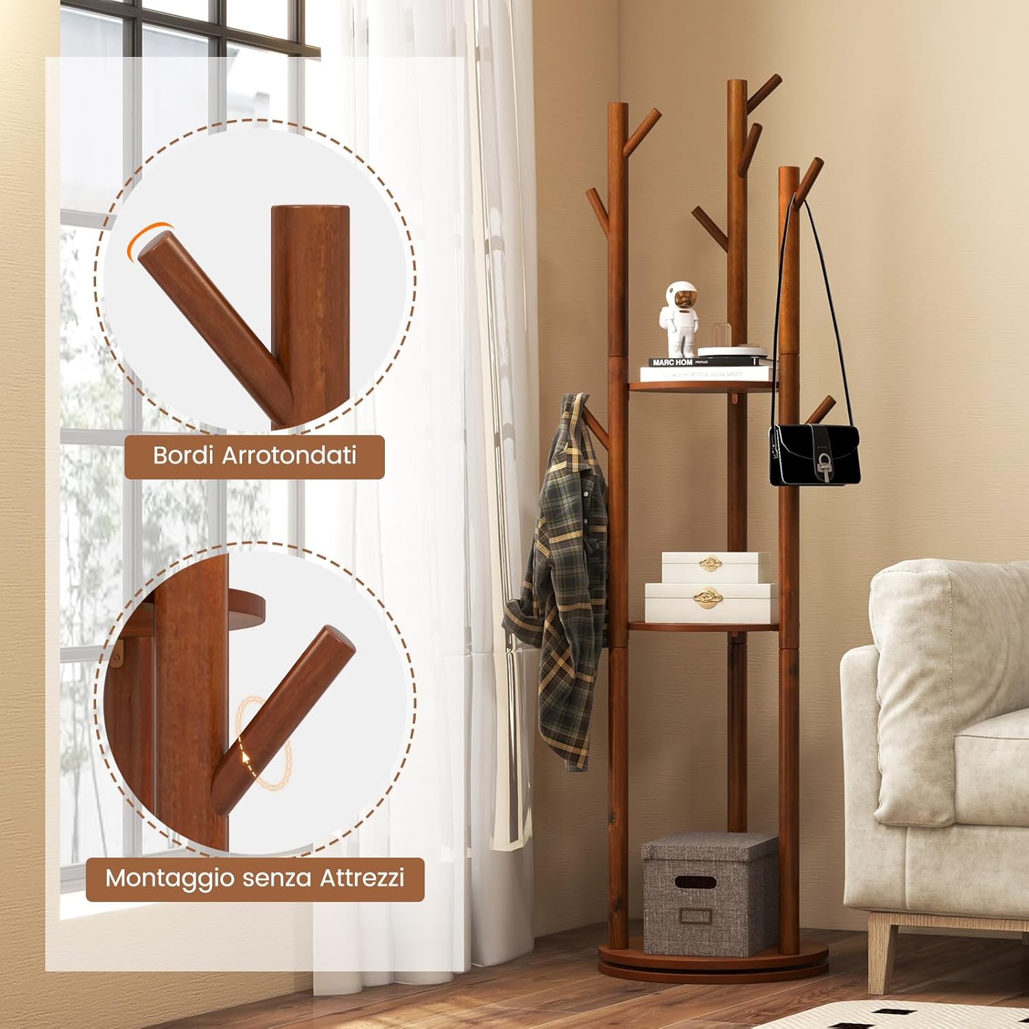 Attaccapanni girevole a forma di albero, Appendiabiti con 3 Ripiani e 9 Ganci, Appendiabiti 167 cm per Ingresso Salotto Camera da Letto