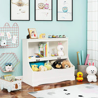 Scaffale Libreria Organizer Porta Giocattoli, con 2 Scomparti e 2 Contenitori, Libreria Multiuso con Pedana, per Camera dei Bambini, Bianco