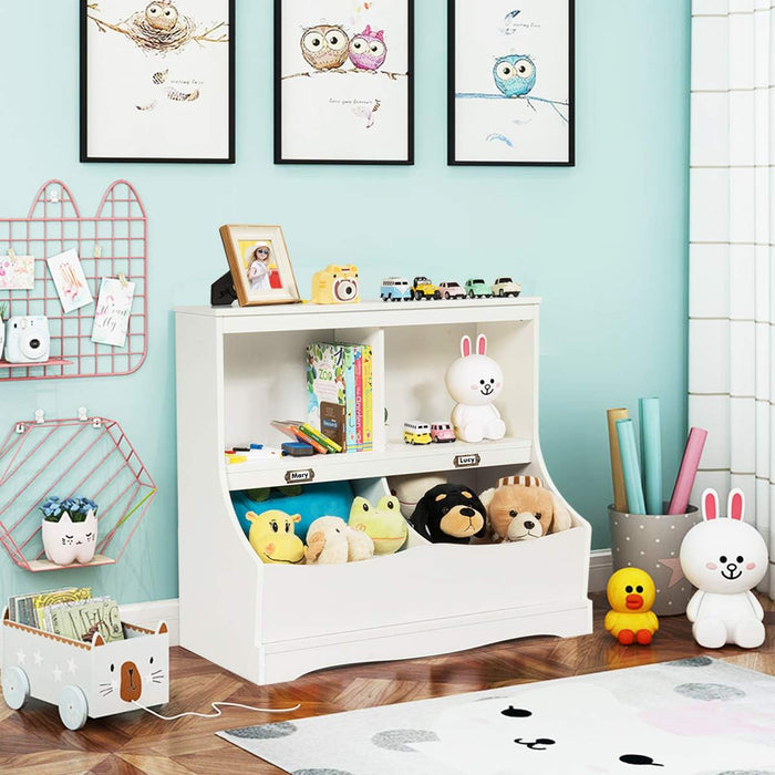 Scaffale Libreria Organizer Porta Giocattoli, con 2 Scomparti e 2 Contenitori, Libreria Multiuso con Pedana, per Camera dei Bambini, Bianco
