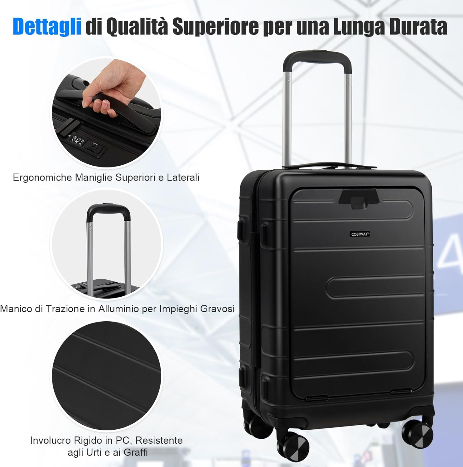 Valigia Bagaglio da 20" con Tasca Frontale, Porta USB, Tavolino Pieghevole, Valigia con Serratura, Ruote Girevoli, Manico Regolabile, Trolley Valigia Rigida Bagaglio da Viaggio (Nero)