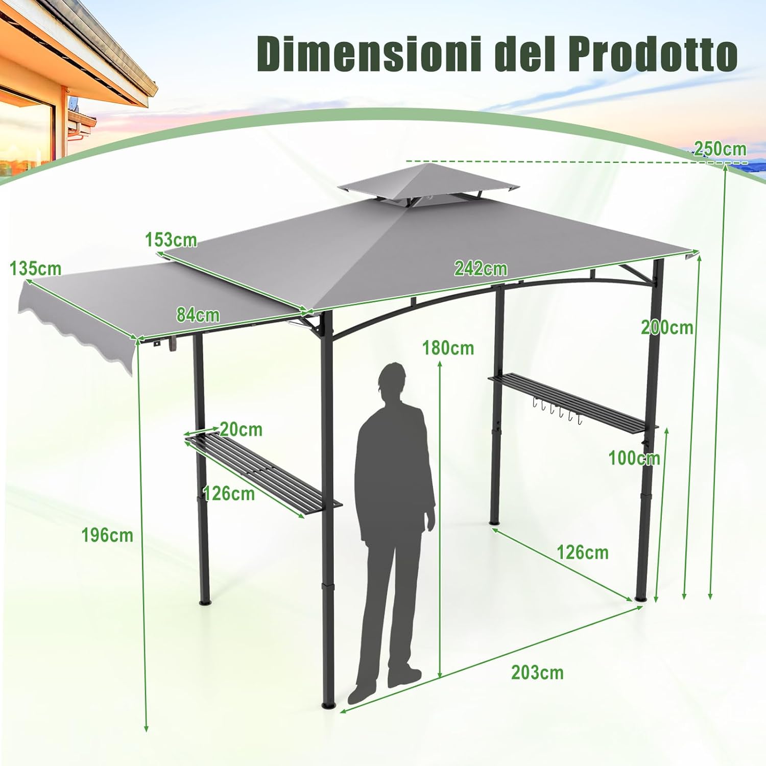 Gazebo per Barbecue, Pergola per BBQ con Tendalino Laterale, Tetto a 2 Livelli, 2 Ripiani Laterali, Ganci Appesi, Apribottiglie, per Giardino e Cortile, 318 x 153 x 250 cm (Grigio)