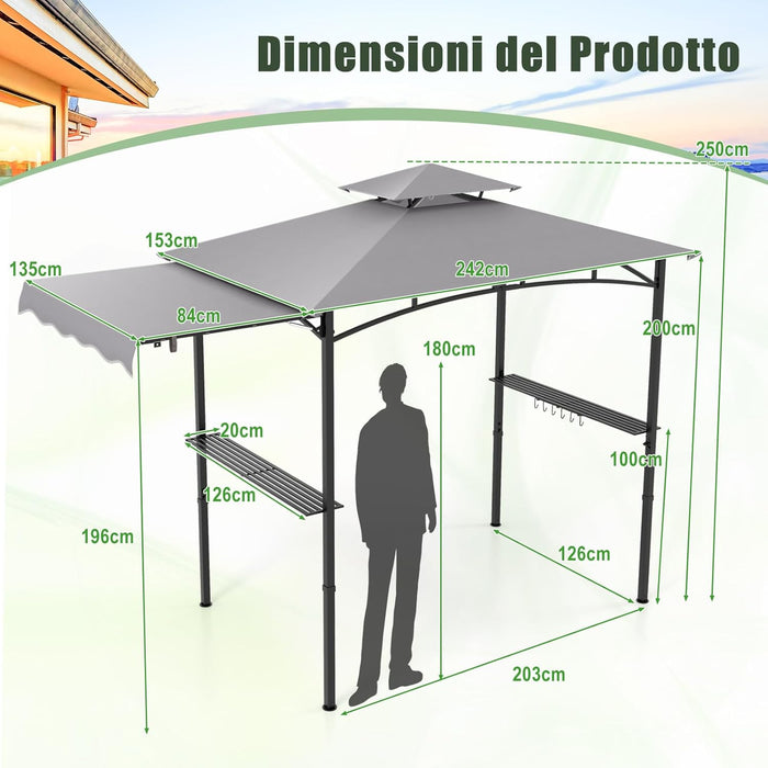 Gazebo per Barbecue, Pergola per BBQ con Tendalino Laterale, Tetto a 2 Livelli, 2 Ripiani Laterali, Ganci Appesi, Apribottiglie, per Giardino e Cortile, 318 x 153 x 250 cm (Grigio)
