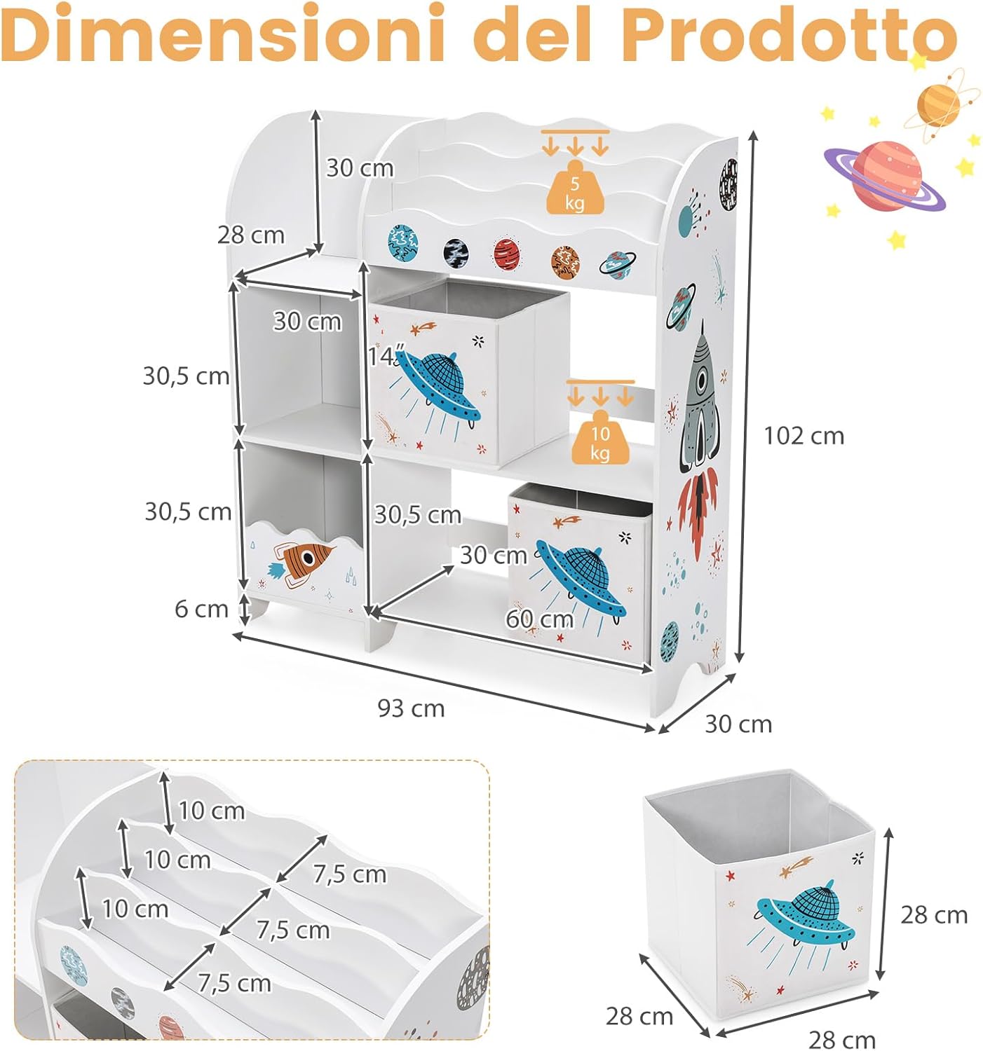 Armadio per Bambini, Scaffale di Legno con 3 Livelli e 5 Scompartimenti, 2 Cassetti in Tessuto e 3 Spazi per Giocattoli e Libri, Scaffale Verticale per Bambini, Bianco (Razzo)