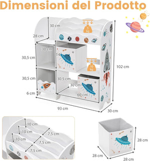 Armadio per Bambini, Scaffale di Legno con 3 Livelli e 5 Scompartimenti, 2 Cassetti in Tessuto e 3 Spazi per Giocattoli e Libri, Scaffale Verticale per Bambini, Bianco (Razzo)
