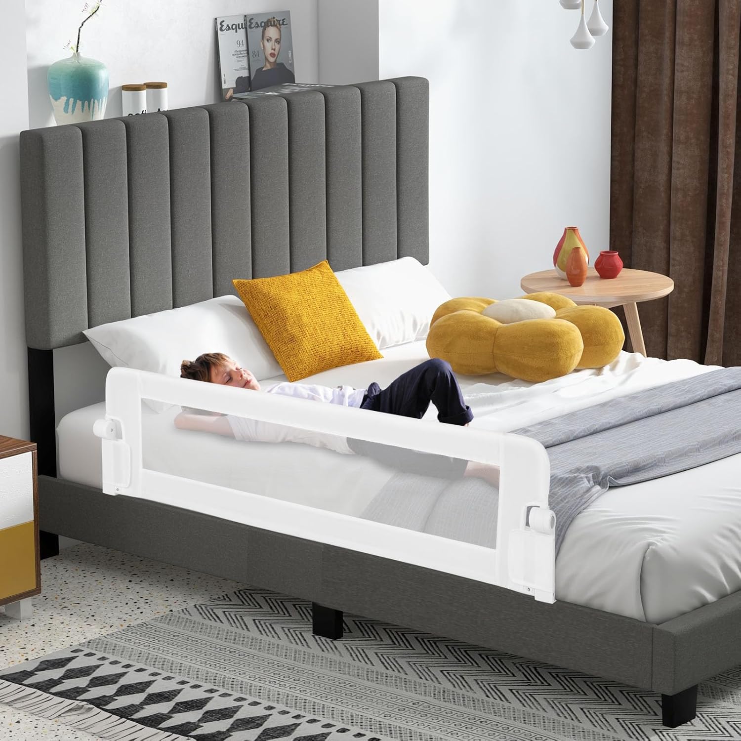 Sponda Letto per Bambini 105/120/150 cm, Barriera di Sicurezza per Neonati, Barriera Letto Pieghevole e Portatile, con Cinghia di Sicurezza (Bianco, 152 x 34 x 42 cm)