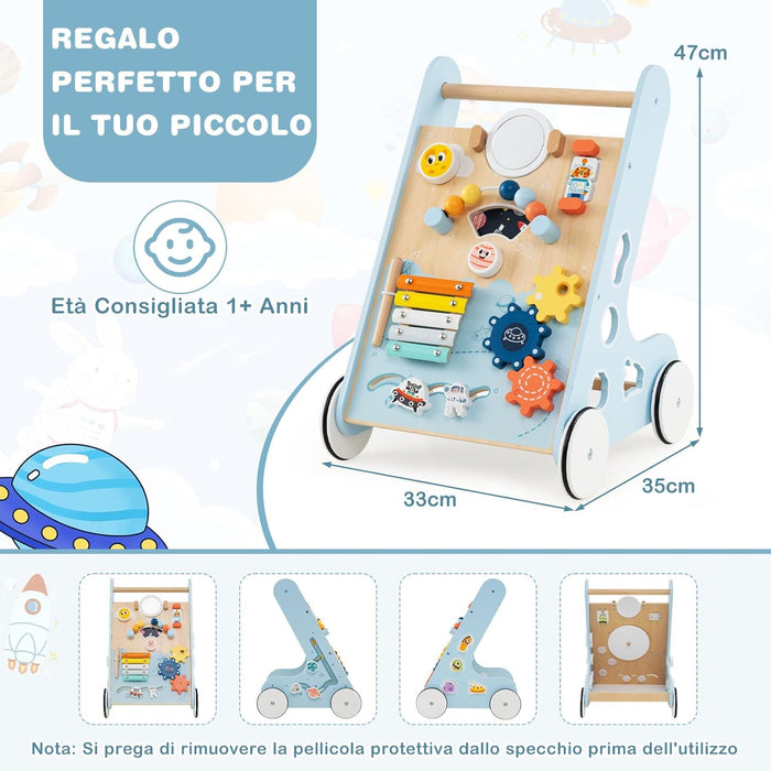Carrellino Primi Passi 8 in 1, Girello in Legno per Bambini, Giocattolo Montessori, Centro Attività di Apprendimento a Spinta, Giocattolo a Spinta per Bambini di 1+ Anni (Blu)