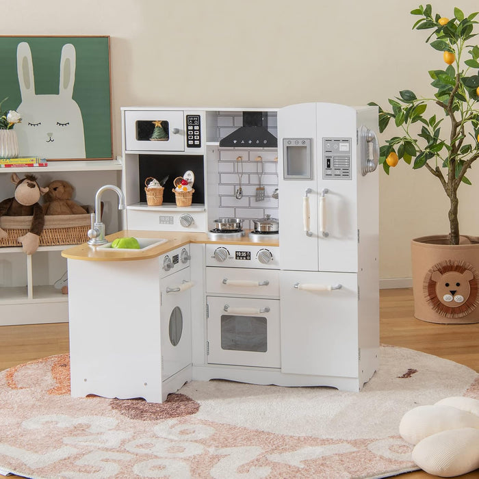 Cucina Giocattolo per Bambini, Cucina per Bambini in Legno con Lavello, Fornelli, Cappa, Telefono, Frigorifero, Lavatrice e Utensili da Cucina, 3 Anni+, Bianco