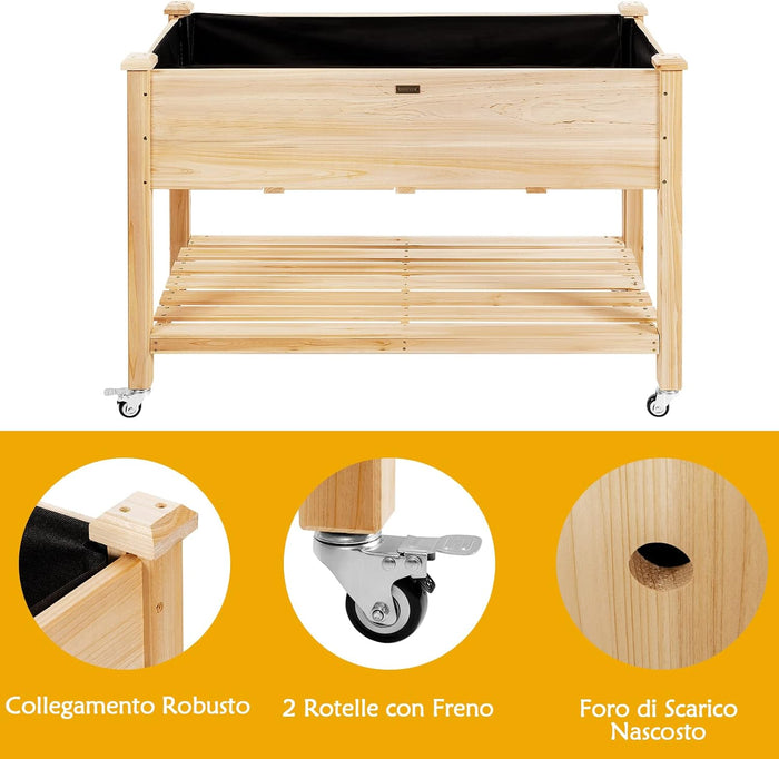 Letto da Giardino Rialzato, Fioriera da Esterno Alta con Ruote Bloccabili e Rivestimento Protettivo, Aiuola Rialzata per Orto, Fiori e Verdure da Cortile e Patio,120 x 59 x 84 cm