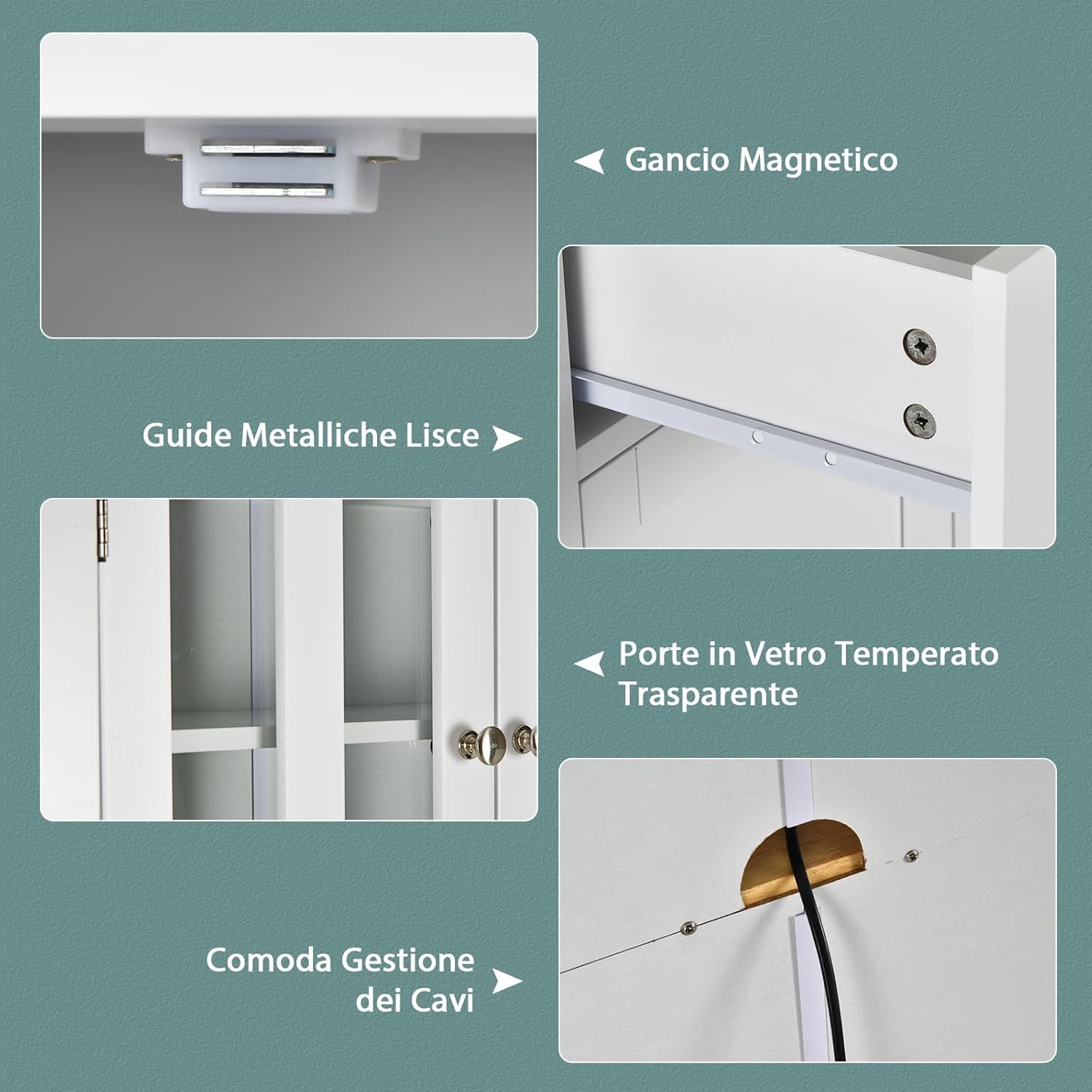 Mobile dispensa da cucina autoportante, Buffet con Piano in Legno, Credenza e 2 Cassetti, Ripiani Regolabili, Armadietto con Ante in Vetro, Spazio Aperto per Forno a Microonde, Bianco