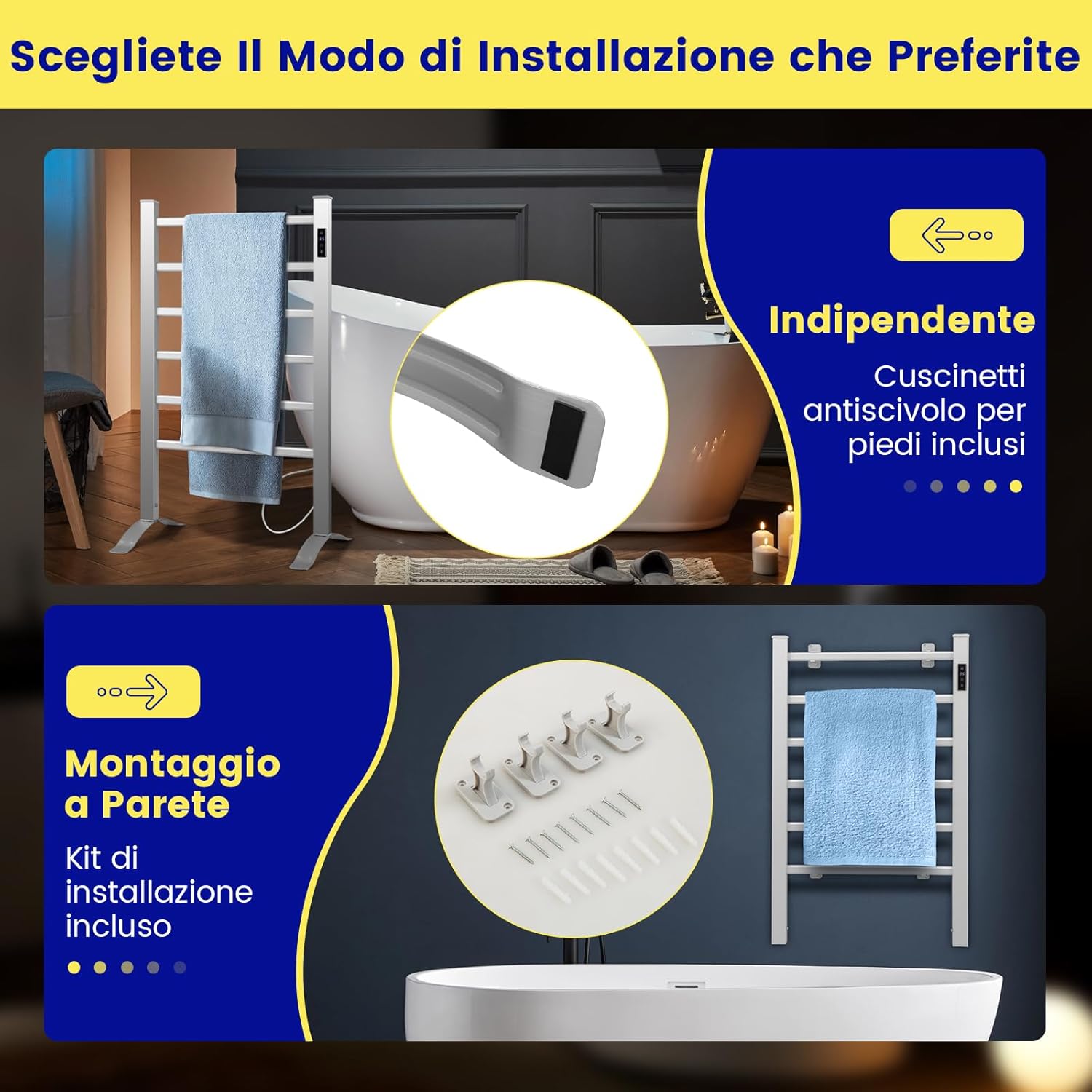 Scaldasalviette Riscaldato, con 6 Barre Riscaldate e Timer, Scaldasalviette Elettrico con Display LED Protezione Contro Surriscaldamento e Costante della Temperatura, in Alluminio