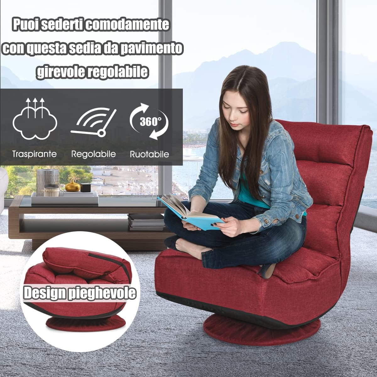 Poltrona Relax da Terra Pieghevole Reclinabile Girevole, Poltrone da Divano per Studio Salotto, con Schienale, Ottima per Rilassarti (Vino)