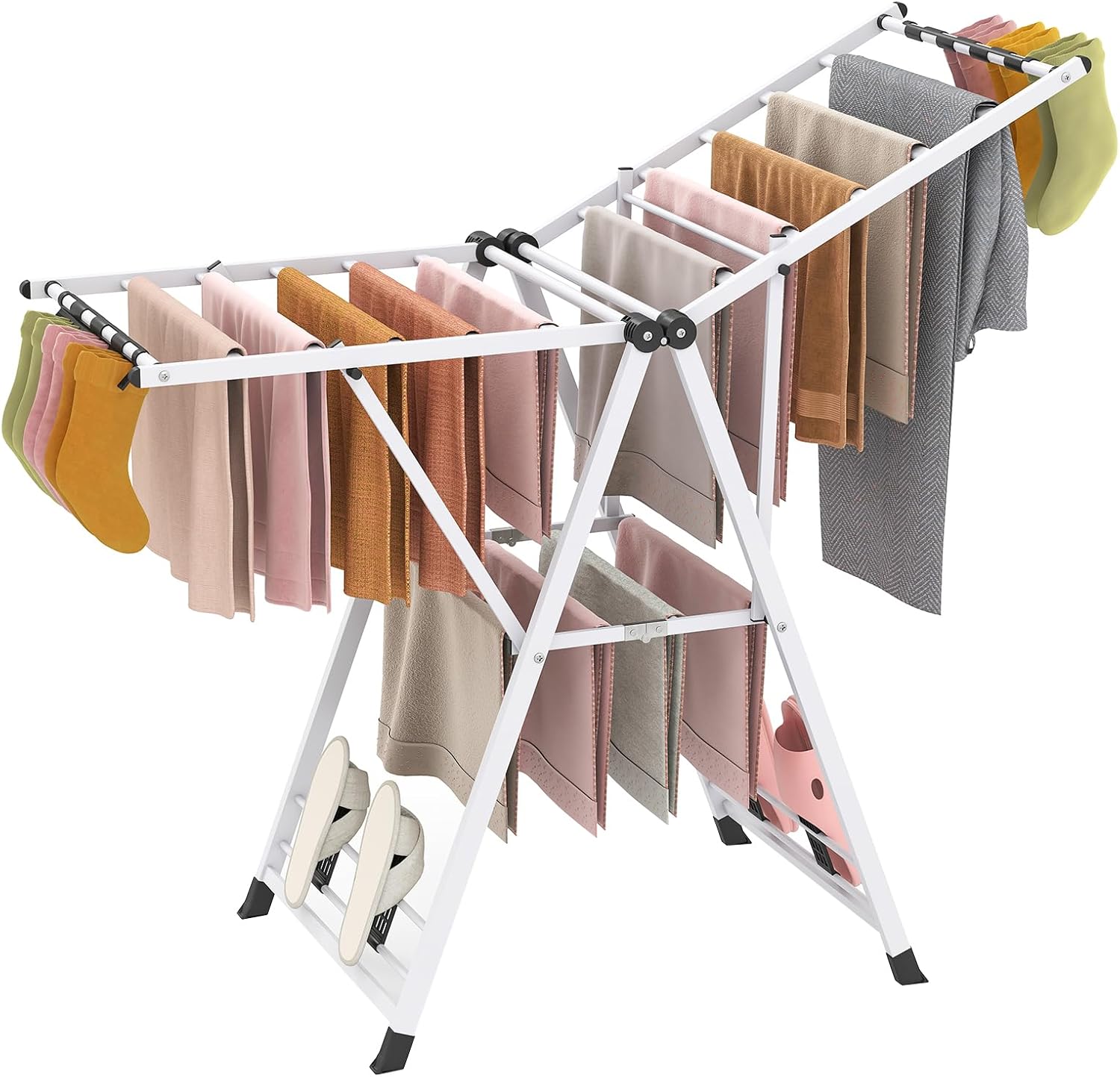 Stendibiancheria con 16 Barra, Stendino Pieghevole in Metallo con Ali Regolabili in Altezza, Clips per Calzini, Supporto per Abbigliamento Autoposante a Ali per Interno Esterno (Bianco)