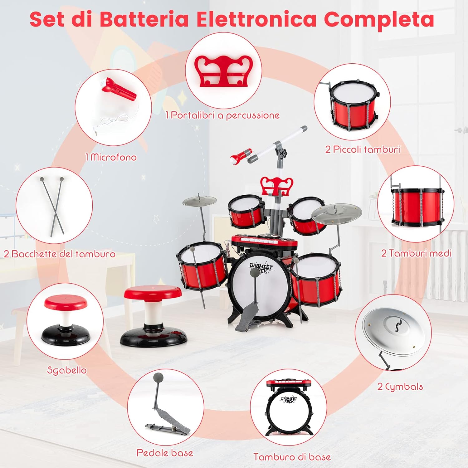 Set di Batteria per Bambini, Batteria Jazz con Tastiera Microfono e Leggio, Strumento Elettrico con Sgabello, Regalo per Bambini 3+ Anni, Rosso