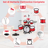 Set di Batteria per Bambini, Batteria Jazz con Tastiera Microfono e Leggio, Strumento Elettrico con Sgabello, Regalo per Bambini 3+ Anni, Rosso
