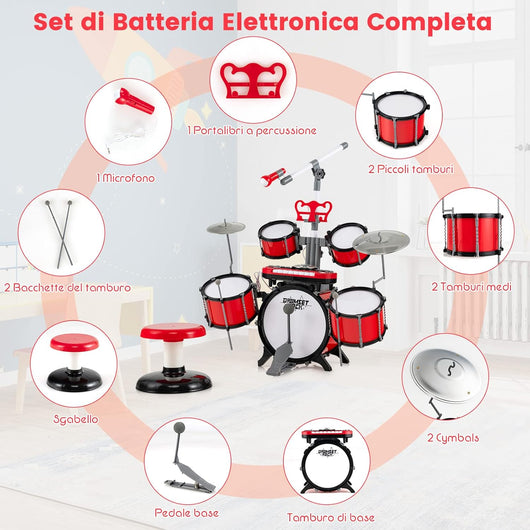 Set di Batteria per Bambini, Batteria Jazz con Tastiera Microfono e Leggio, Strumento Elettrico con Sgabello, Regalo per Bambini 3+ Anni, Rosso