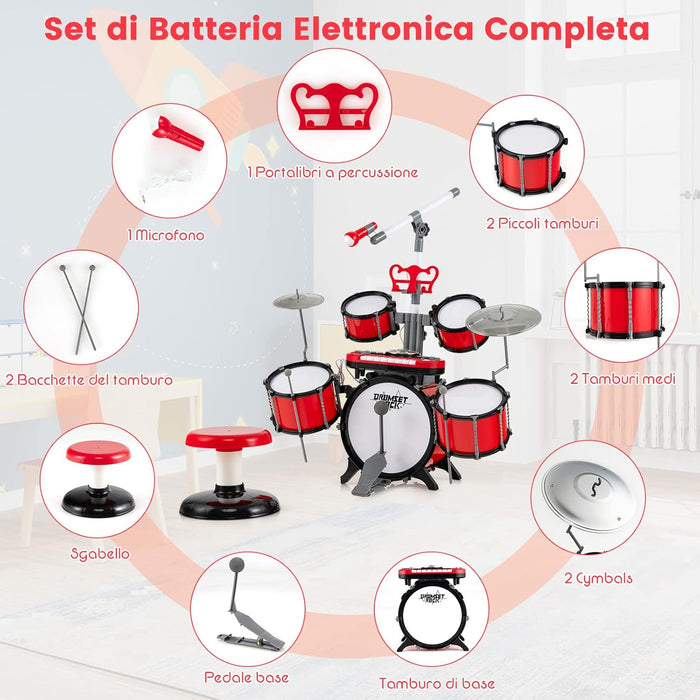 Set di Batteria per Bambini, Batteria Jazz con Tastiera Microfono e Leggio, Strumento Elettrico con Sgabello, Regalo per Bambini 3+ Anni, Rosso