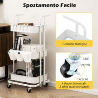 Carrello a 3 Ripiani, Carrello da Cucina Pieghevole con 3 Tazze Appendibili e 6 Ganci, Carrello da Conservazione Multiuso per Casa Ufficio, 45 x 37 x 92 cm