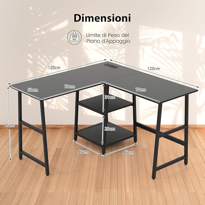 Scrivania Angolare da 120 CM, Scrivania a L per Ufficio a Casa con Prese di Corrente e Porte USB, Postazione di Lavoro con Ripiani per Lavoro, Gaming e Studio (Nero)
