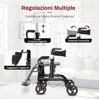Deambulatore 2 in 1 per Anziani in Alluminio, Rollator Pieghevole e Regolabile in Altezza con Sedia, Schienale Reversibile, Manici Regolabili, Ruote, Poggiapiedi e Borsa Rimovibile (Nero)