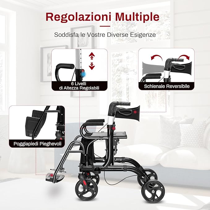 Deambulatore 2 in 1 per Anziani in Alluminio, Rollator Pieghevole e Regolabile in Altezza con Sedia, Schienale Reversibile, Manici Regolabili, Ruote, Poggiapiedi e Borsa Rimovibile (Nero)