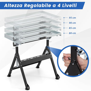 Banco da Lavoro Pieghevole, Tavolo da Lavoro Portatile con Piattaforma Inclinabile e Altezza Regolabile, 2 Ruote, con 3 Slot e 2 Portautensili, Capacità di Carico 180 KG (Modello 1)