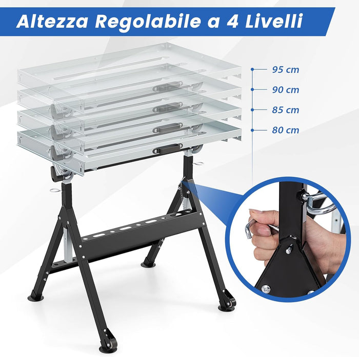 Banco da Lavoro Pieghevole, Tavolo da Lavoro Portatile con Piattaforma Inclinabile e Altezza Regolabile, 2 Ruote, con 3 Slot e 2 Portautensili, Capacità di Carico 180 KG (Modello 1)