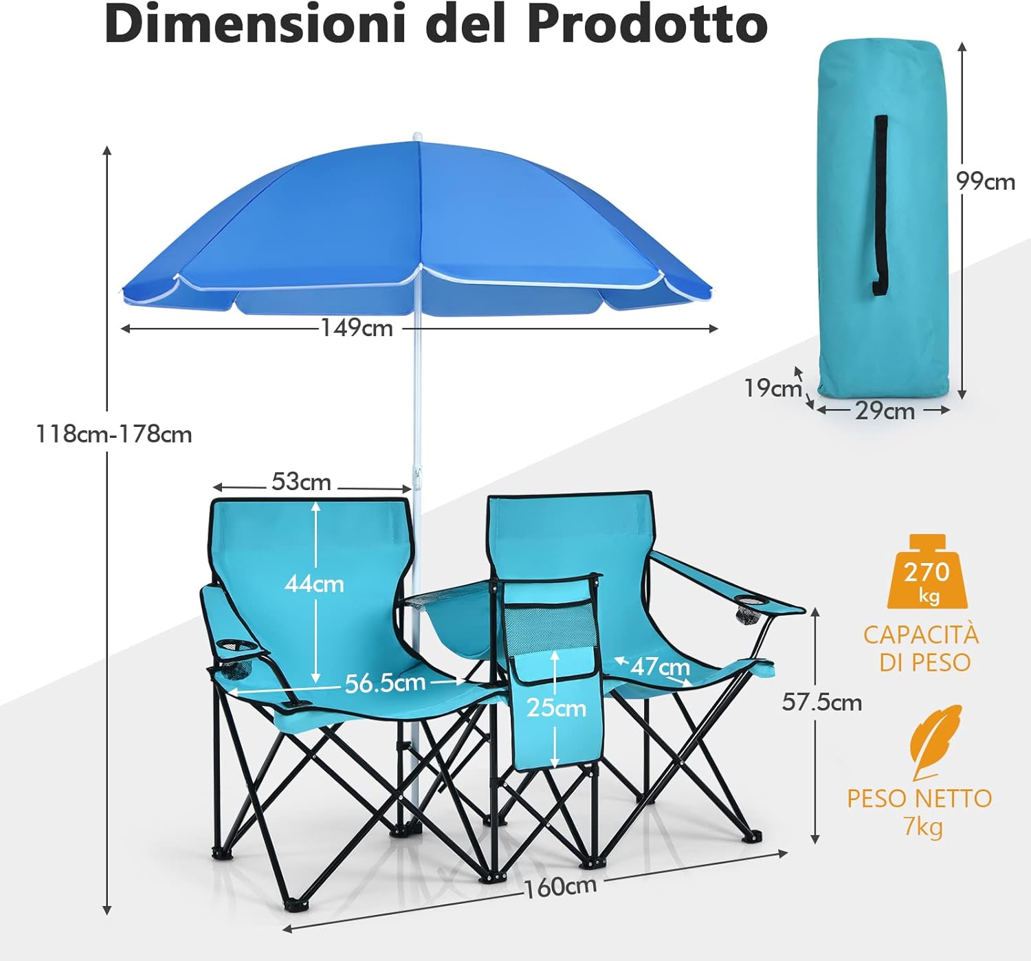 Set di 2 Sedie da Campeggio Pieghevoli, con Ombrellone e Tavolino Contenitore, Resistente e Leggero, Capacità 113 kg (blu)