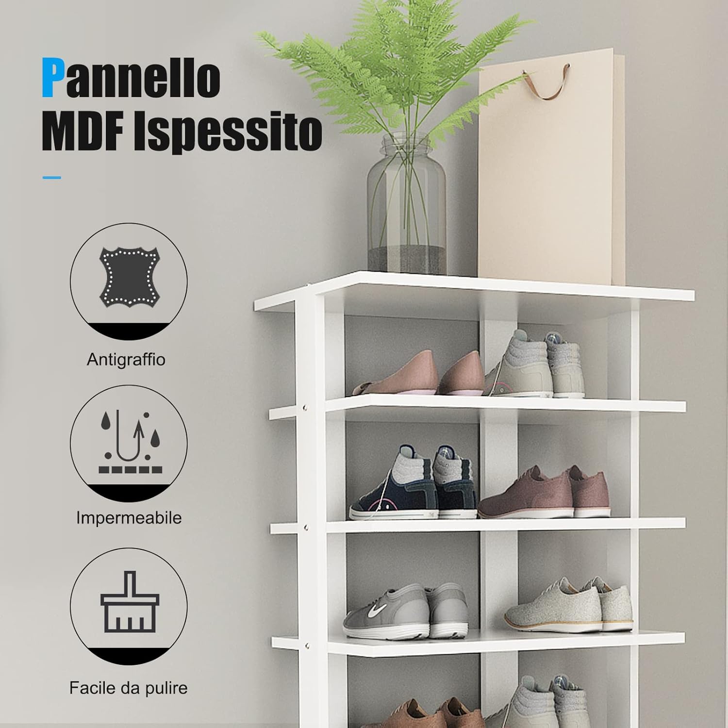 Scarpiera Verticale a 7 Livelli, Organizer per Scarpe in Stile Retr¨°, con Pannello Rimovibile, Scaffale per Scarpe per Corridoio Ingresso Armadio, 45x25x110 cm (Bianco)