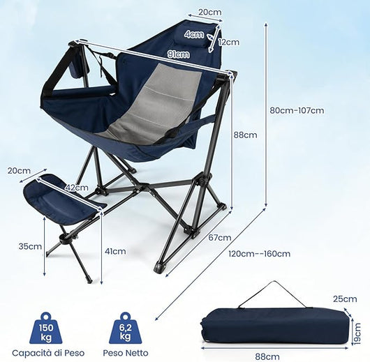 Sedia da Campeggio, Sedia Pieghevole per Esterni con Schienale e Poggiapiedi Regolabili, Poggiatesta, Porta Bicchiere e Borsa da Trasporto per Spiaggia, Giardino, Pesca, Supporta 150 kg (Blu)
