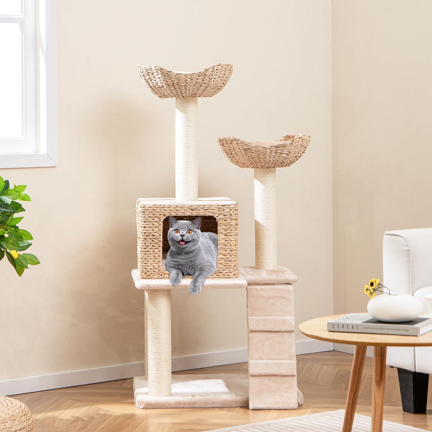 Tiragraffi per Gatti 122cm, Albero per Gatti con Posti per Graffiare in Sisal, Cuccia in Velluto a Coste, Scala e Cuscini Lavabili, Torre Cattail per Animali Domestici, Beige e Naturale