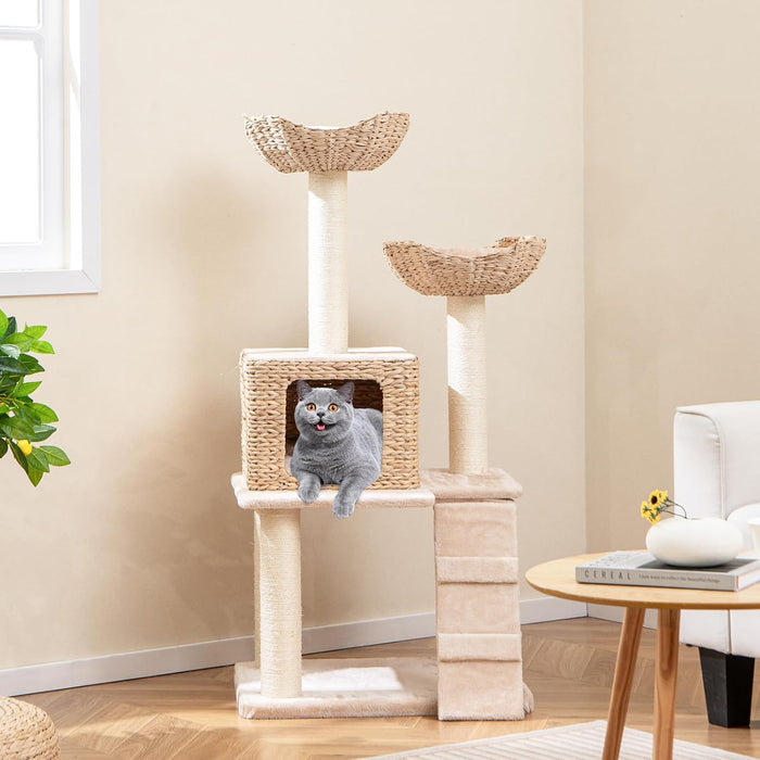 Tiragraffi per Gatti 122cm, Albero per Gatti con Posti per Graffiare in Sisal, Cuccia in Velluto a Coste, Scala e Cuscini Lavabili, Torre Cattail per Animali Domestici, Beige e Naturale