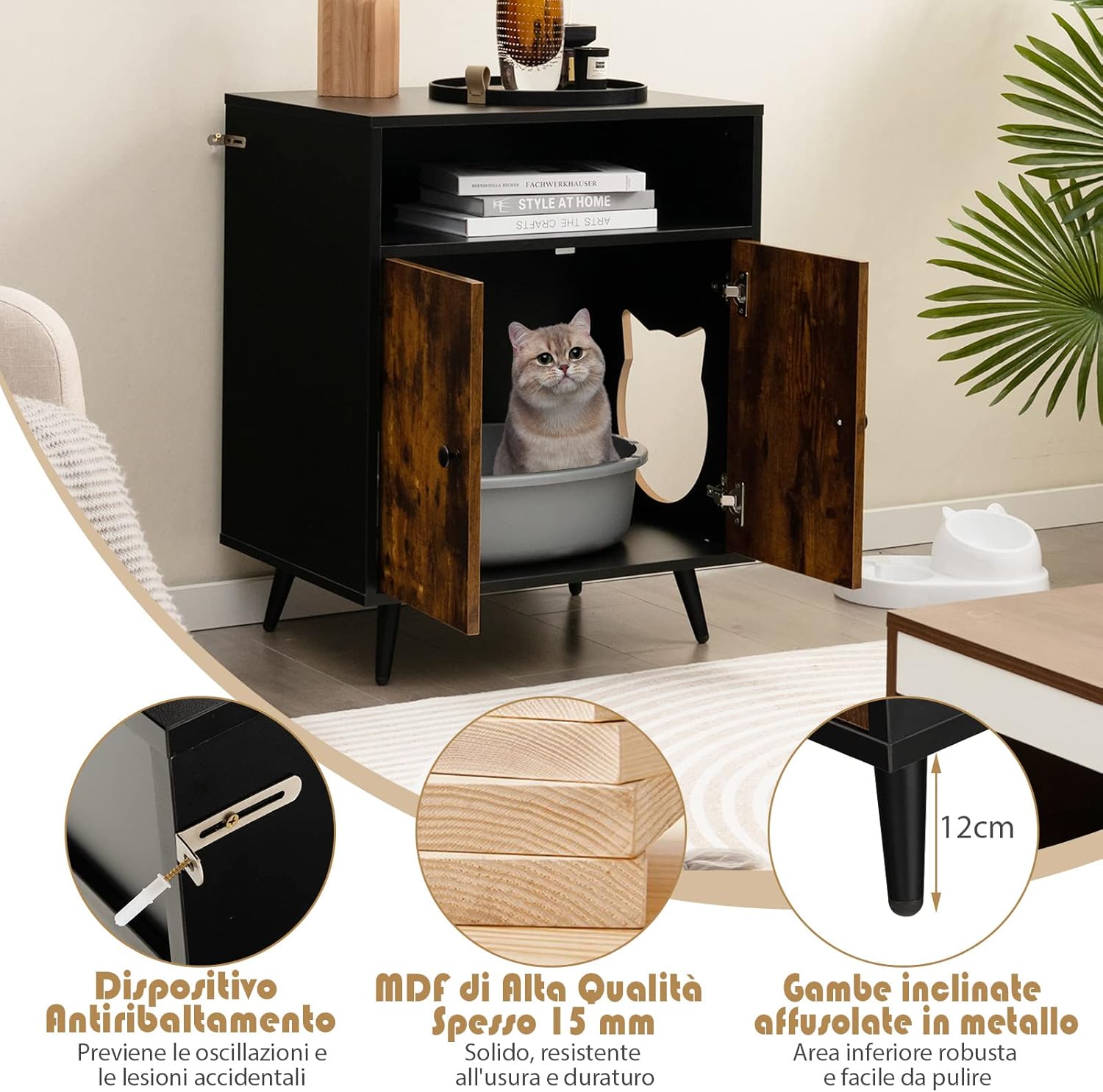 Mobile per Lettiera per Gatti, Casetta per Gatti con Ingresso, Gambe Inclinate e Scomparto Aperto, Tavolino in Legno Versatile per Salotto, 60 x 45 x 75 cm, Marrone e Nero