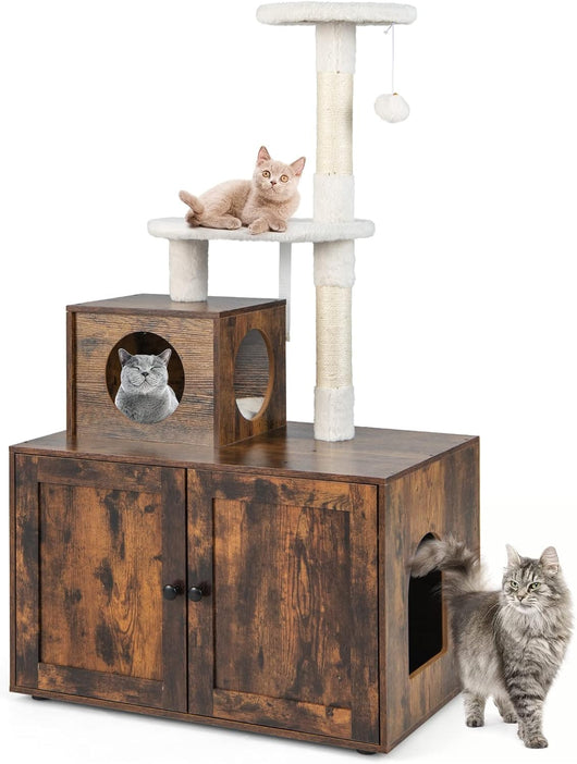 Tiragraffi per Gatti Adulti, Tiragraffi per Gatti con Cuccia, Piattaforma, Cuscini e Tiragraffi, Albero Tiragraffi per Gatti Grandi Alto in Legno, 77,5 x 49 x 132 cm